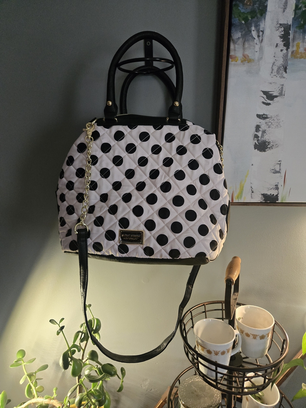 NWOT Betsey Johnson Black Polka Dot And Floral Pink Lined Handbag